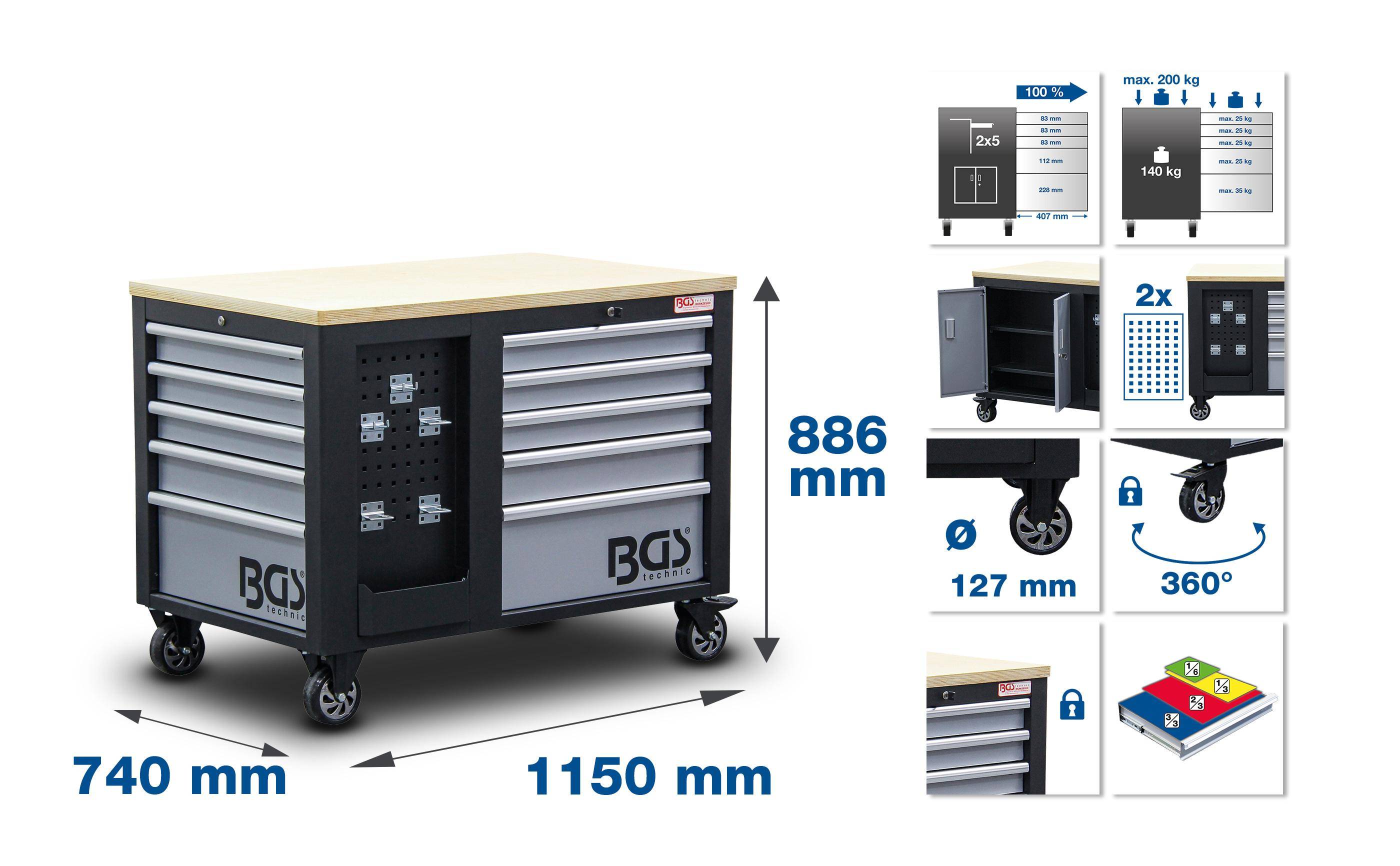 BGS technic Werkstattwagen | 2 x 5 Schubladen | 1 Schrank | leer