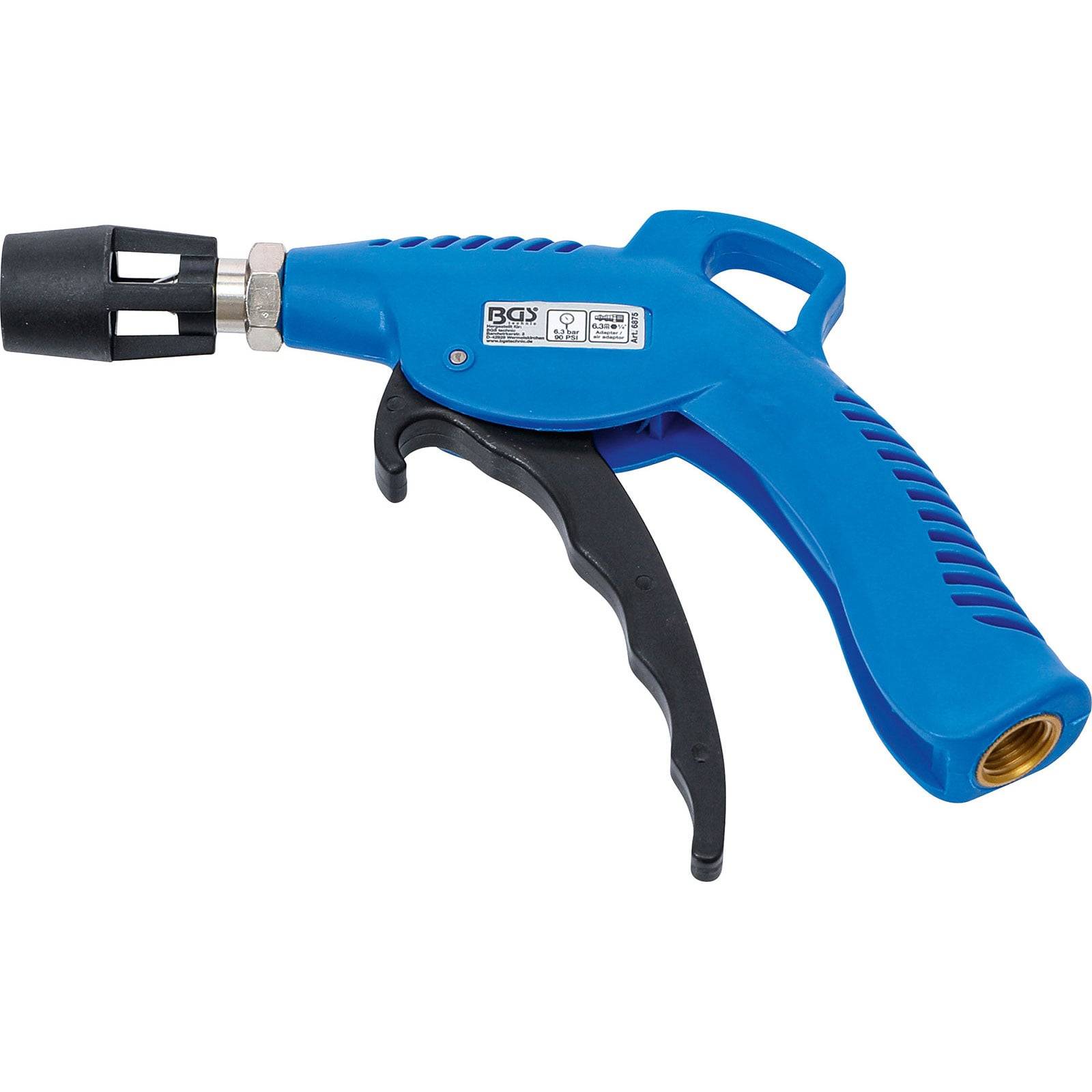 Eine blaue Druckluftpistole mit schwarzer Düse, ausgestattet mit einem Auslösergriff, die zum Reinigen oder Trocknen von Oberflächen mit Druckluft verwendet wird.