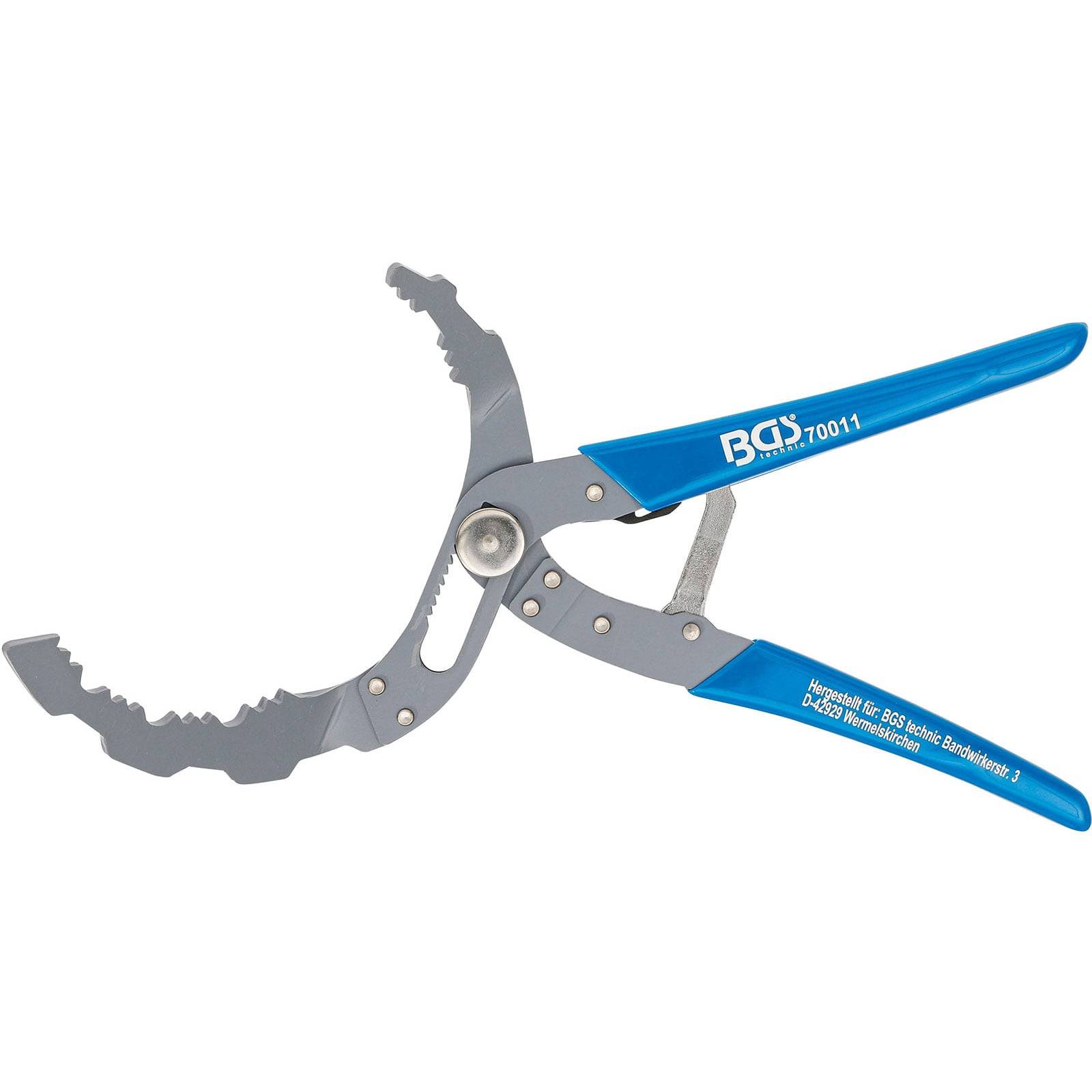 Metallischer BGS Ölfilter-Schlüssel mit blauen Gummigriffstücken, entwickelt für einfaches Entfernen von Ölfiltern. Gebogene, gezahnte Kiefer zur Kraftübertragung.