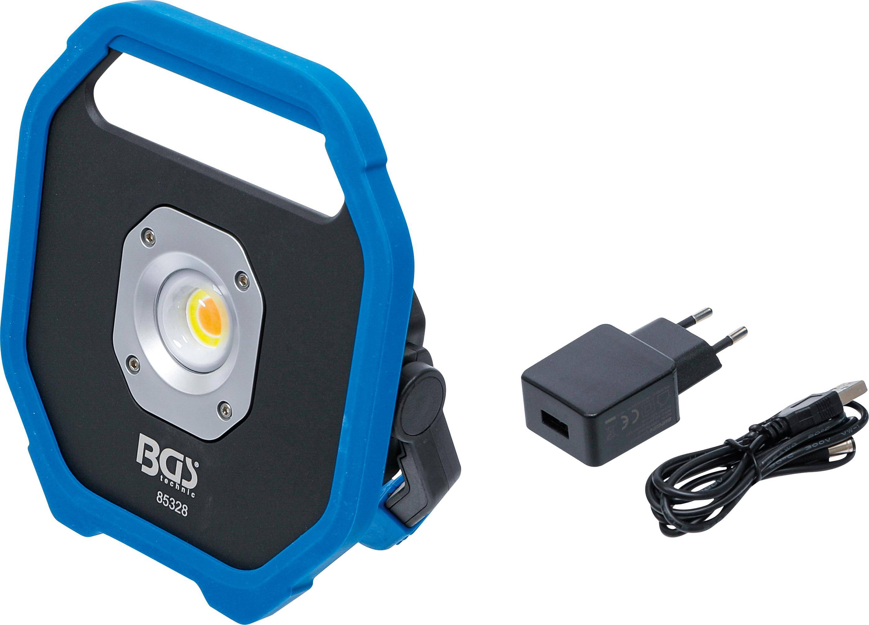 Ein tragbares LED-Arbeitslicht mit blauem Griff und einem Ladegerät daneben. Das Licht ist mit einer COB-LED in der Mitte ausgestattet.