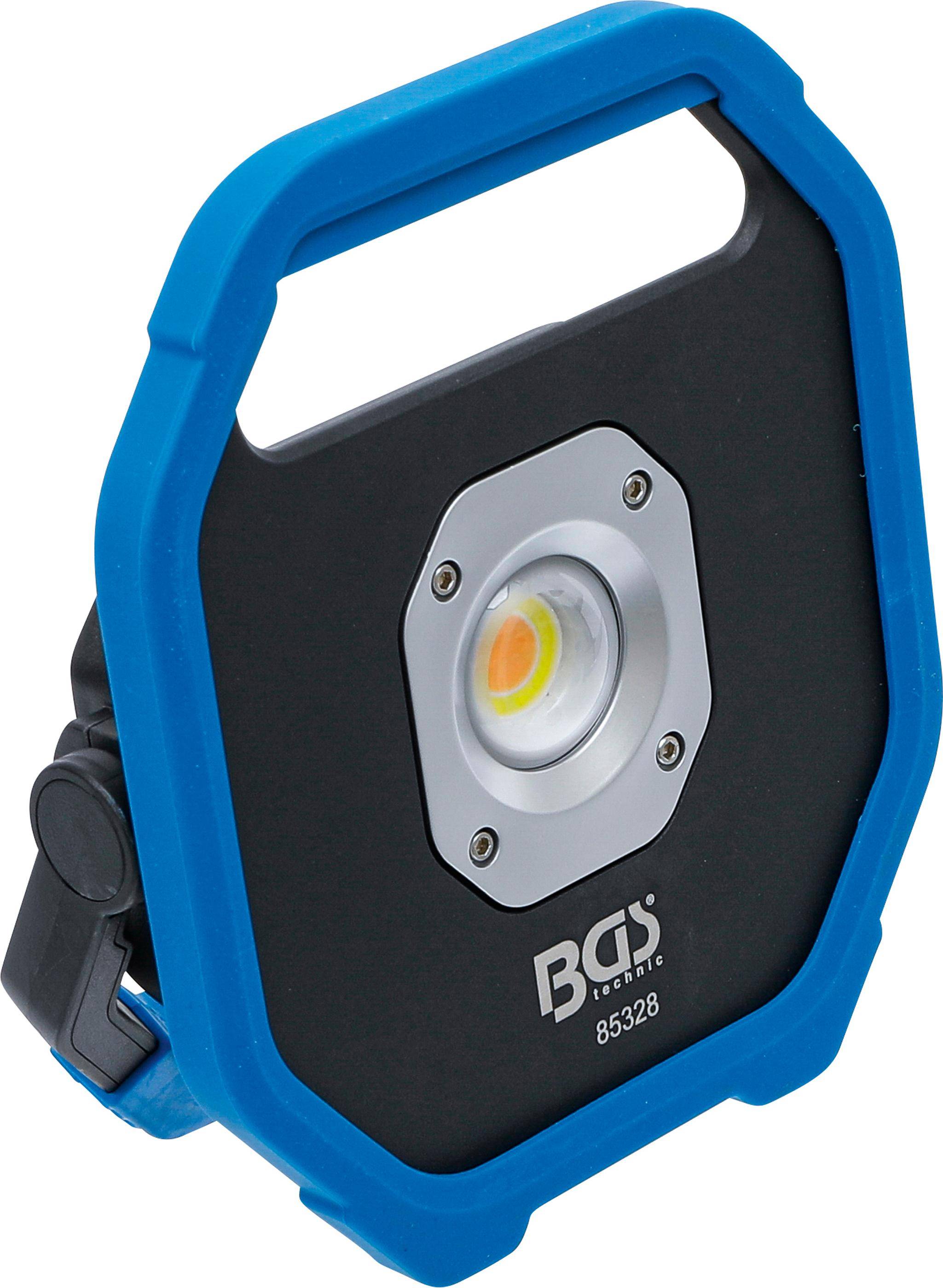 Ein tragbares LED-Arbeitslicht mit blauem Gummigehäuse, mit einer zentralen Glühbirne und einer robusten schwarzen Basis, die für verschiedene Arbeitsumgebungen geeignet ist.