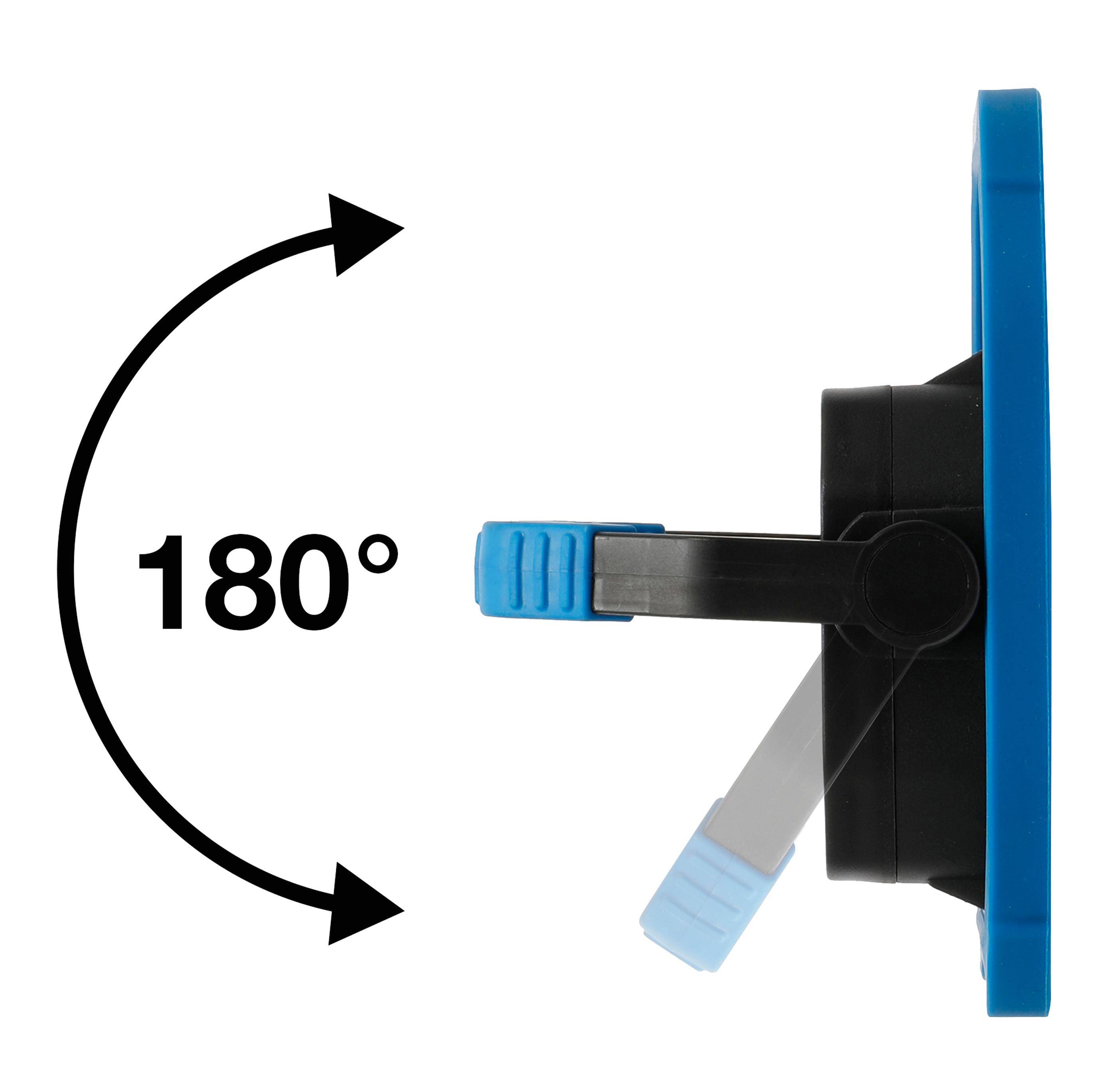 Seitenansicht einer schwarzblauen Halterung, die sich 180 Grad neigt und die Rotationsfähigkeit zeigt.