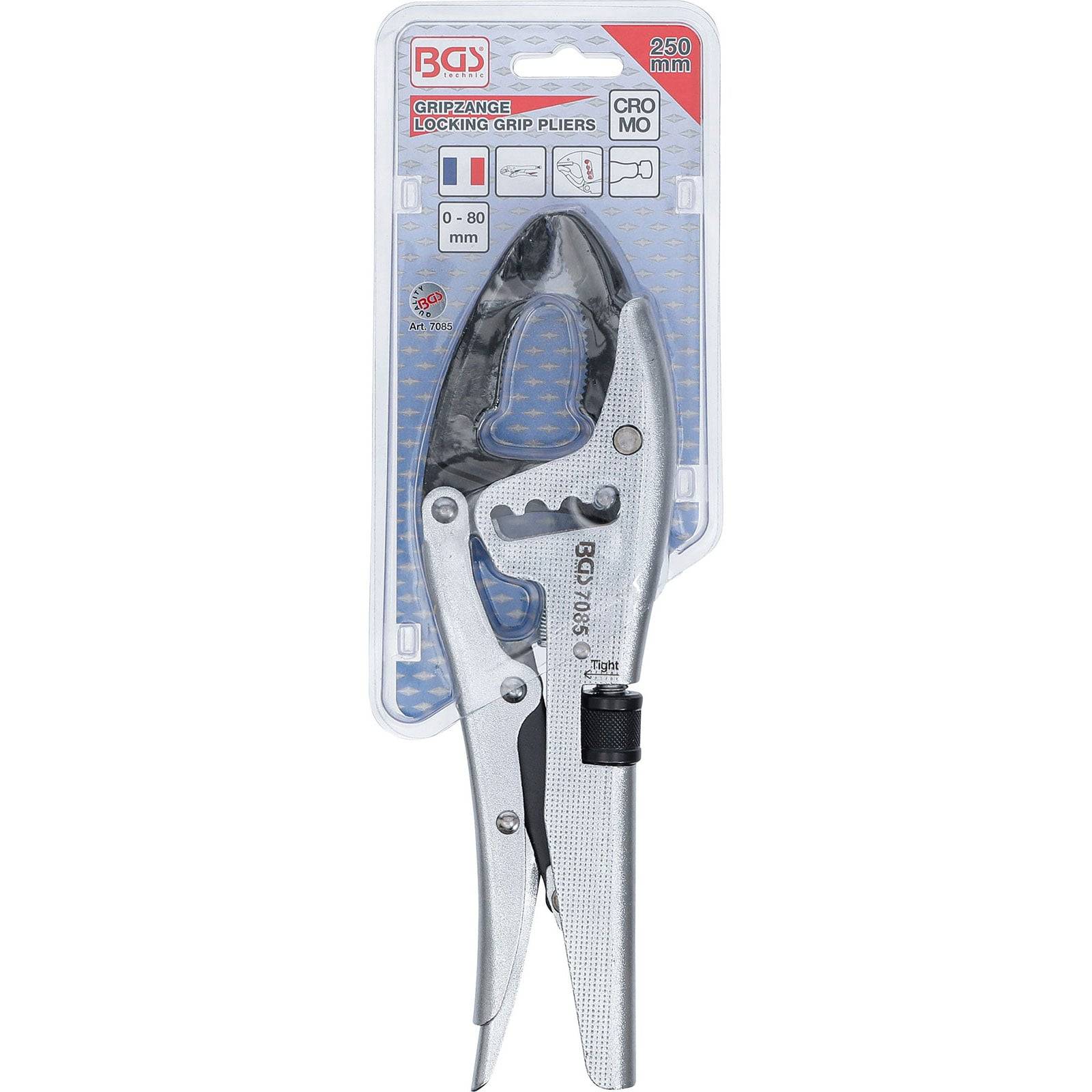 Gripzange in Verpackung mit 'BGS'-Beschriftung mit verstellbarem Griff für einen Bereich von 0-80 mm. Die Zange hat eine silbrig-metallische Oberfläche.