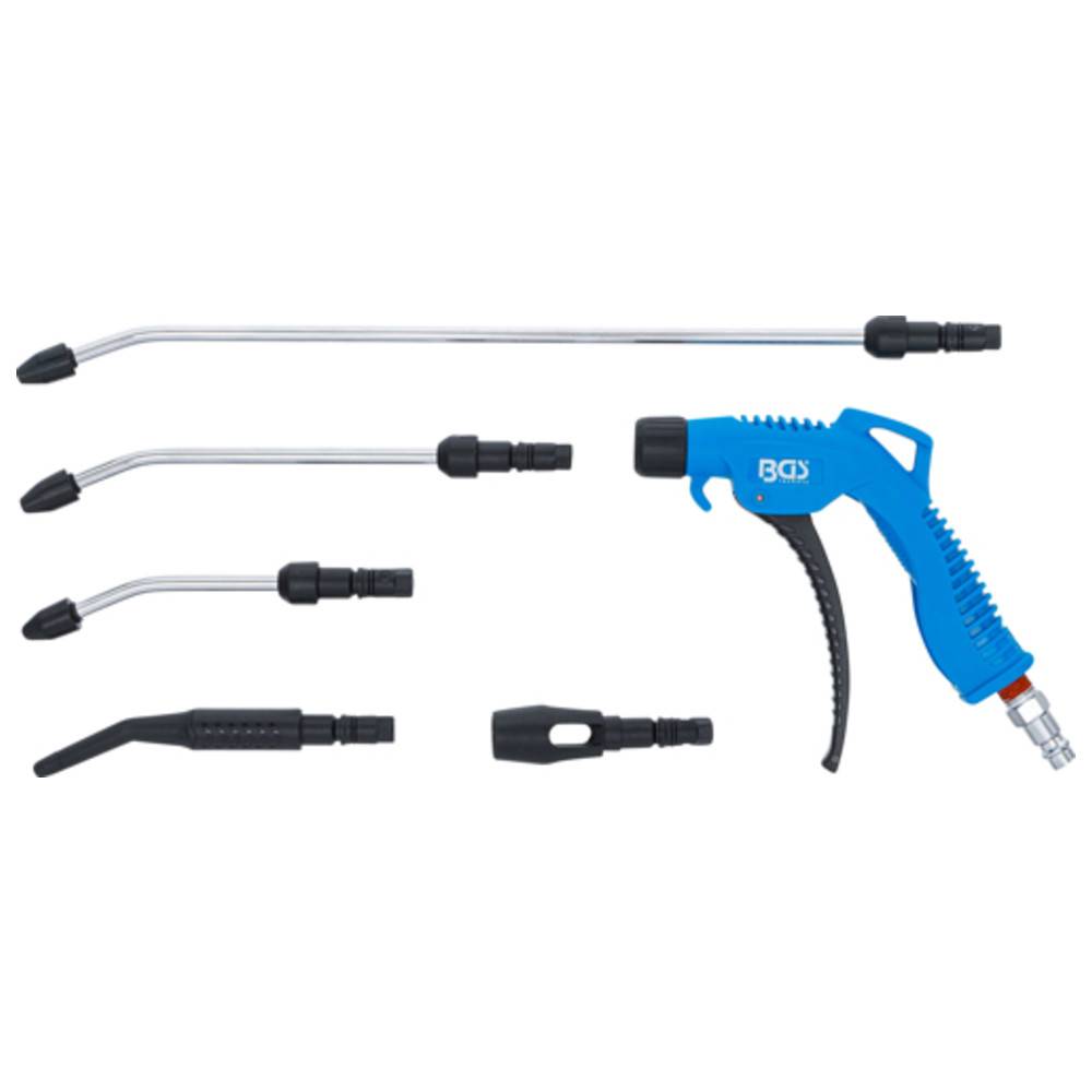 Eine blaue Druckluftpistole mit einem schwarzen Abzug und fünf austauschbaren Düsen verschiedener Längen und Designs, die daneben angeordnet sind.