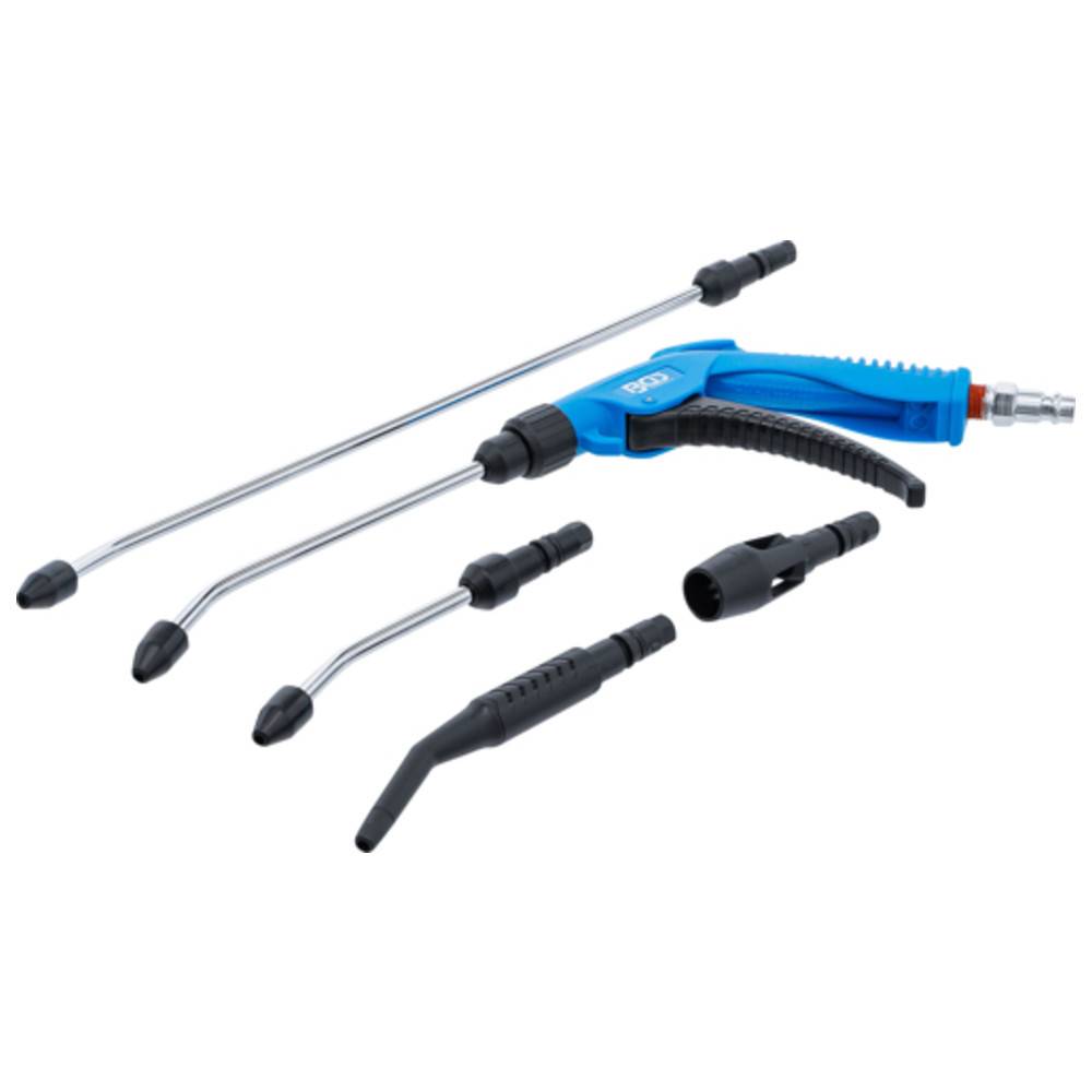 Eine blaue und schwarze Luftblaspistole mit verschiedenen abnehmbaren Düsen, entwickelt zum Reinigen und Trocknen von Oberflächen.