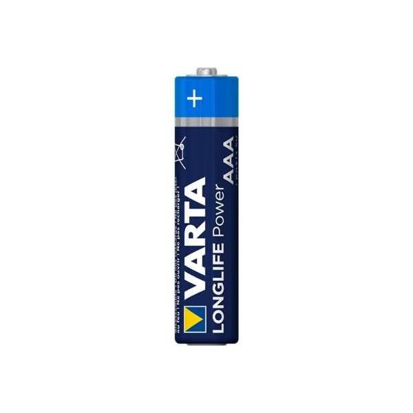 Eine einzelne blaue Varta Longlife Power AAA-Batterie aufrecht auf weißem Hintergrund dargestellt, mit sichtbarem Pluspol oben.