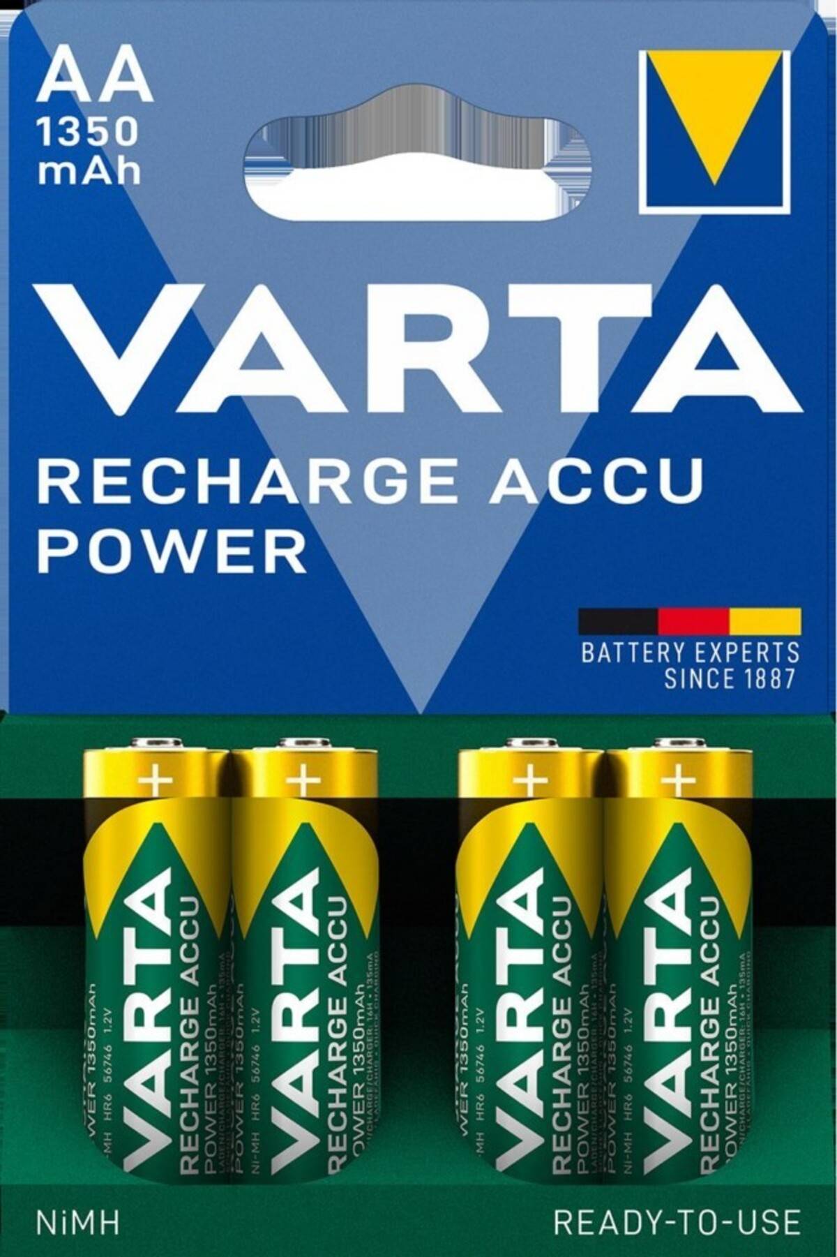 VARTA AA 1350 mAh wiederaufladbare NiMH-Batterien, dargestellt als Packung mit vier grün-gelben einsatzbereiten Batterien.