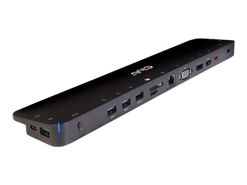Schwarze USB-C-Dockingstation mit mehreren Anschlüssen und blauer Statusleuchte, perspektivisch auf weißem Hintergrund dargestellt.