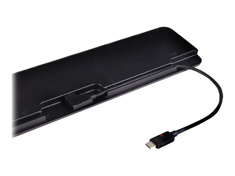 Schwarze rechteckige Dockingstation oder Ladebasis mit angeschlossenem Kabel, das in einen USB-C-Stecker endet.