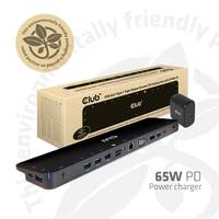 Produktbild eines Club 65W PD-Stromladegeräts mit einem langen schwarzen Ladegerät, kleinem Steckeradapter und Öko-Siegel auf der Verpackung.