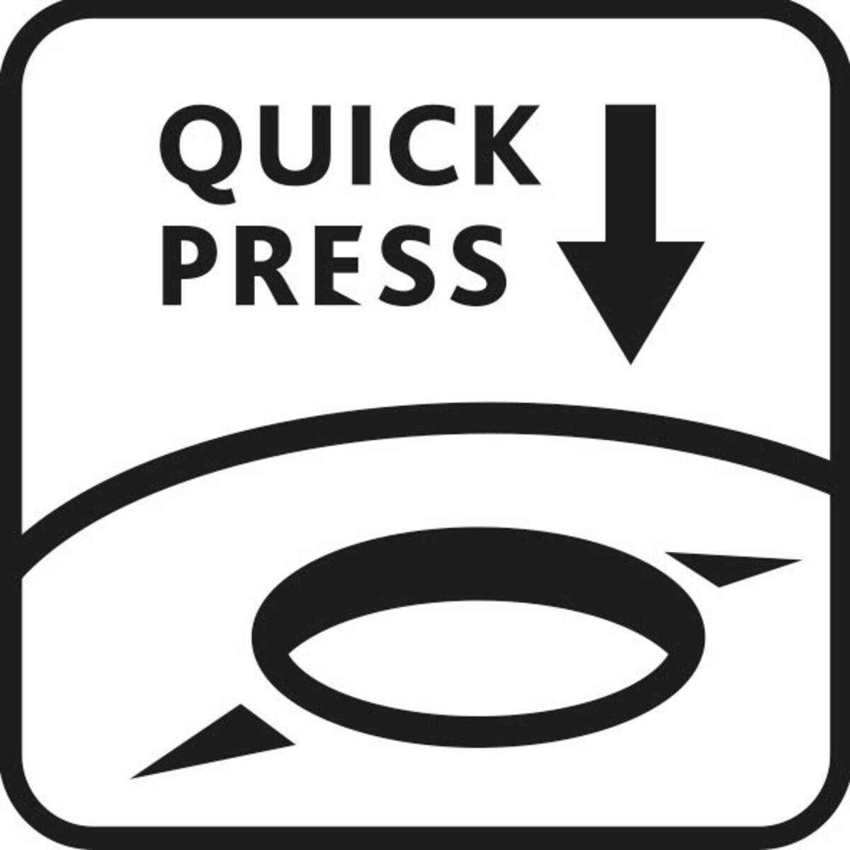 Symbol für einen 'Schnelldruck' mit einem nach unten zeigenden Pfeil, der einen Knopf oder Bereich anzeigt, der zur Aktivierung schnell gedrückt werden soll.