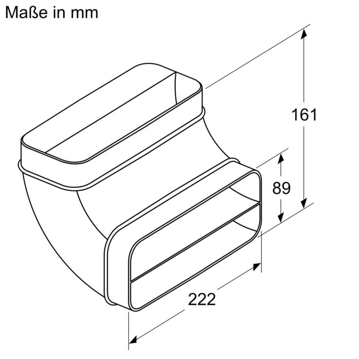 Technische Zeichnung eines 90-Grad rechteckigen Kanalbogen mit Abmessungen: 222 mm breit, 89 mm tief und 161 mm hoch.