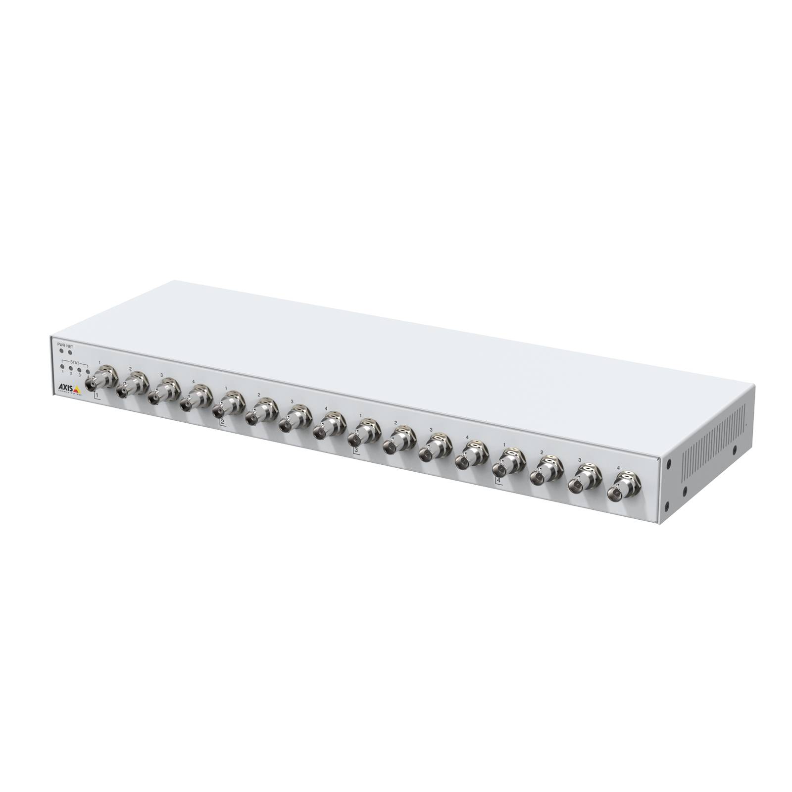 Rack-montierter Netzwerk-Switch mit mehreren Ethernet-Anschlüssen an der Vorderseite und Statusleuchten, dargestellt in einer produktstylisierten Seitenansicht auf weißem Hintergrund.