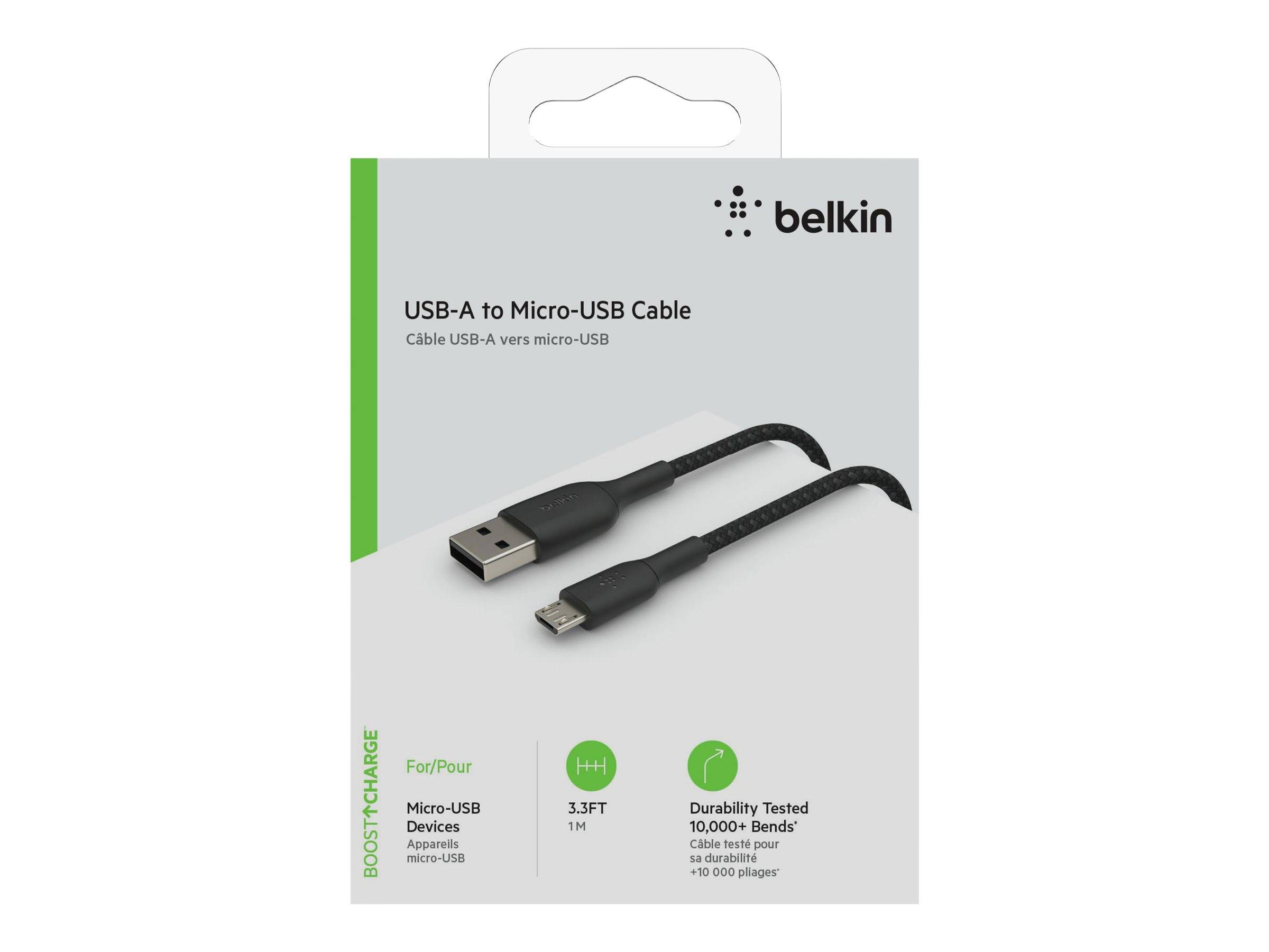 Belkin USB-A-zu-Micro-USB-Kabelverpackung mit einem schwarzen 3,3 Fuß langen Kabel und Symbolen für Micro-USB-Geräte und Haltbarkeitstests.
