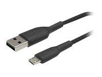 Schwarzes USB-Kabel mit einem Standard-USB-A-Stecker auf der einen Seite und einem Micro-USB-Anschluss auf der anderen Seite.