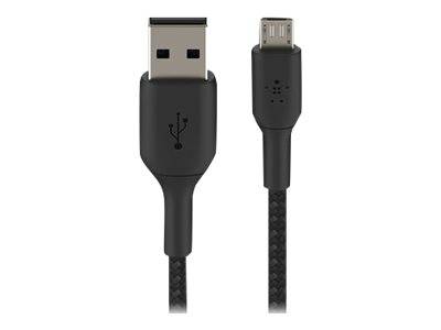 Schwarzes USB-Kabel mit Standard-USB-A-Anschluss an einem Ende und Micro-USB-Anschluss am anderen Ende, dargestellt auf weißem Hintergrund.