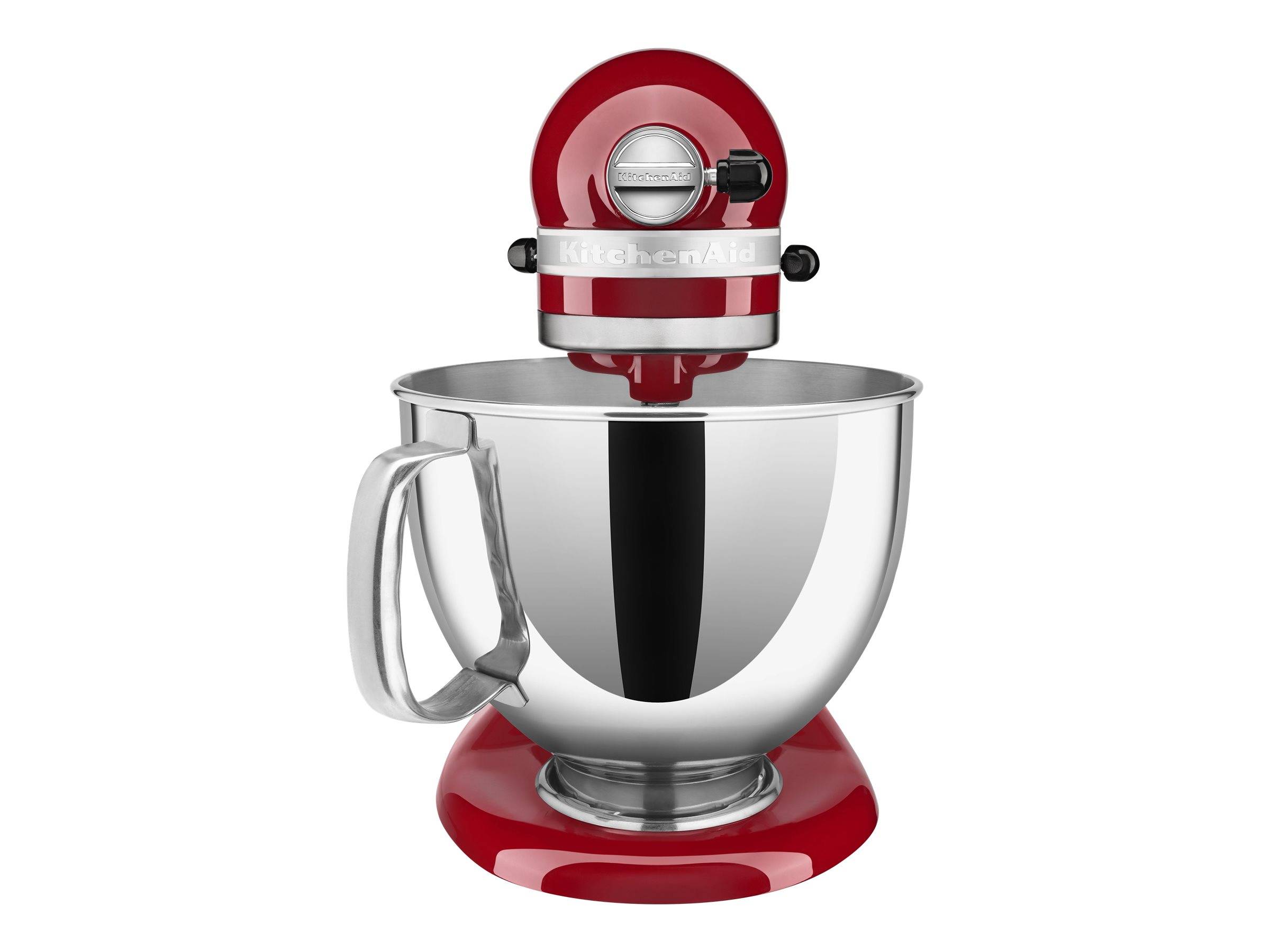 Roter KitchenAid Standmixer mit Edelstahl-Rührschüssel auf weißem Hintergrund.