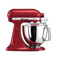 Roter Standmixer mit Edelstahlschüssel und durchsichtigem Spritzschutz auf weißem Hintergrund.