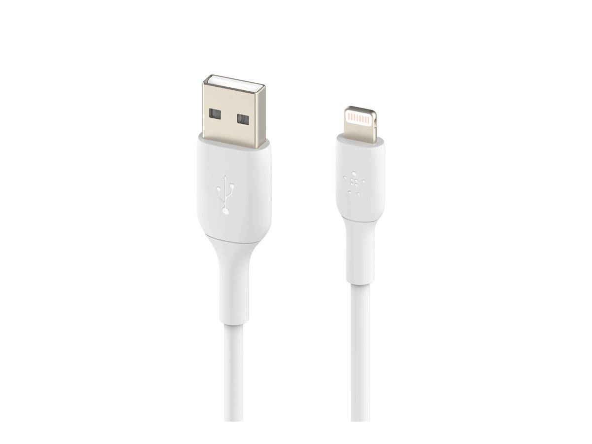 Weiß USB-A zu Lightning Ladekabel, das mit beiden Steckverbindern auf einem einfachen Hintergrund gezeigt wird.
