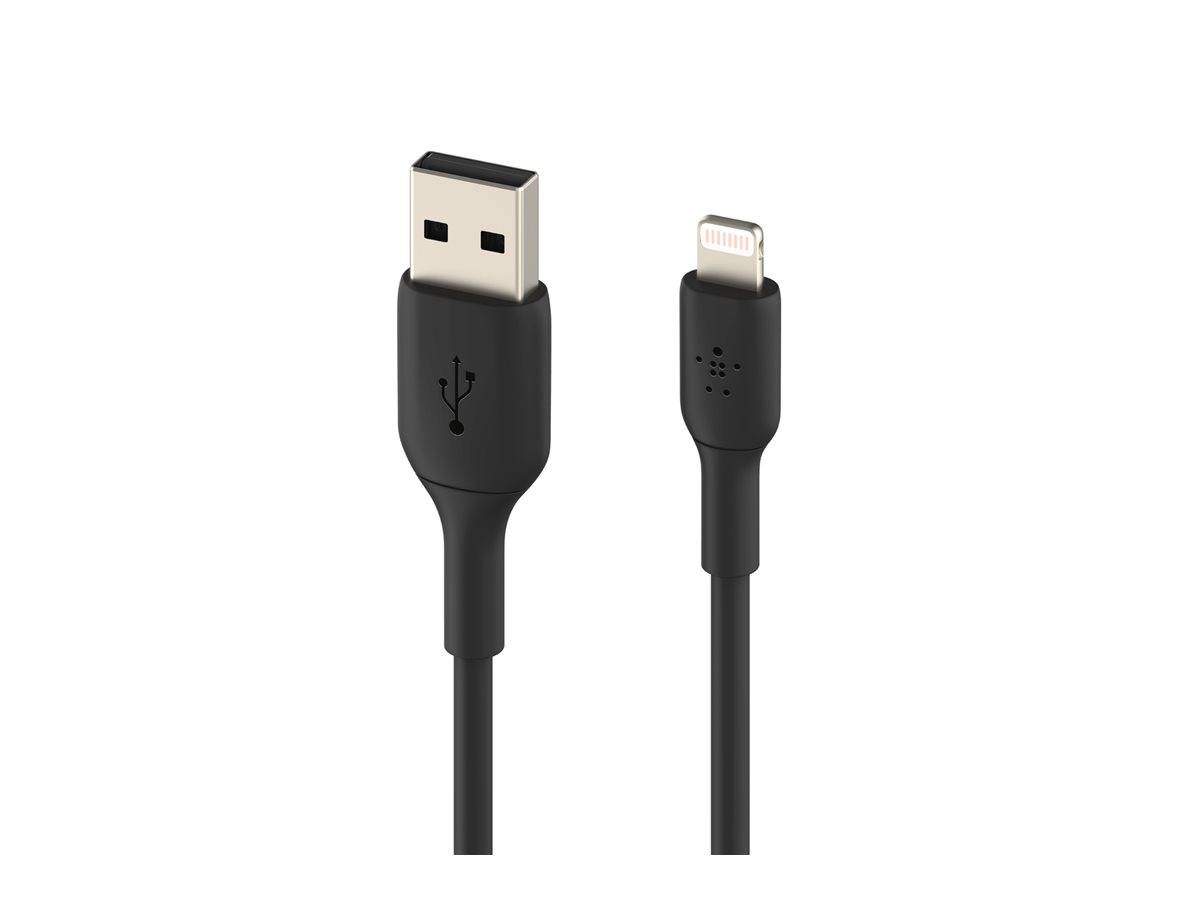 Schwarzes USB-A-zu-Lightning-Ladekabel mit Standard-USB-Stecker und Apple-Stil-Lightning-Anschluss.