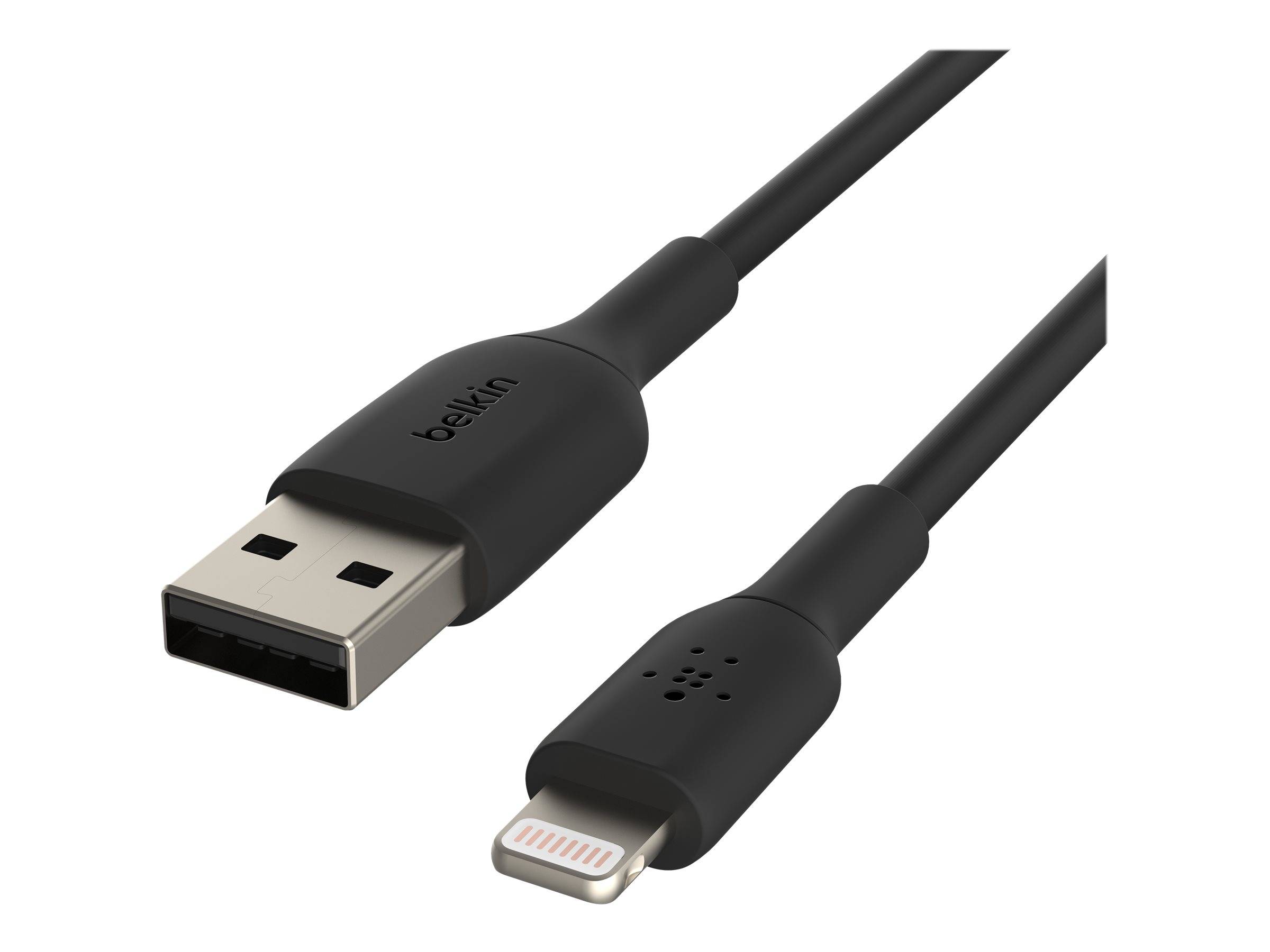 Schwarzes Belkin USB-A auf Lightning-Ladekabel auf weißem Hintergrund dargestellt.