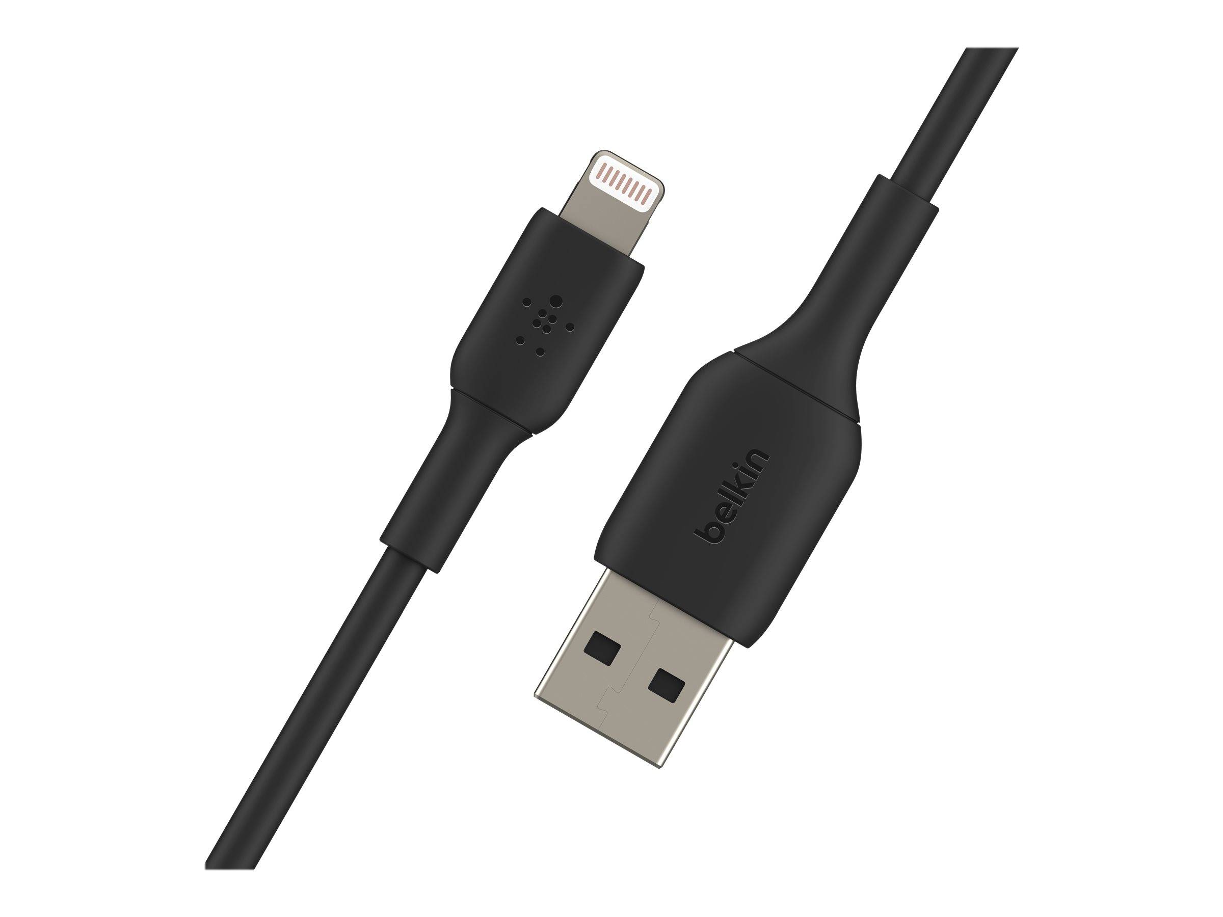 Schwarzes Belkin USB-auf-Lightning-Ladekabel auf weißem Hintergrund, mit sichtbaren USB-A- und Lightning-Anschlüssen.