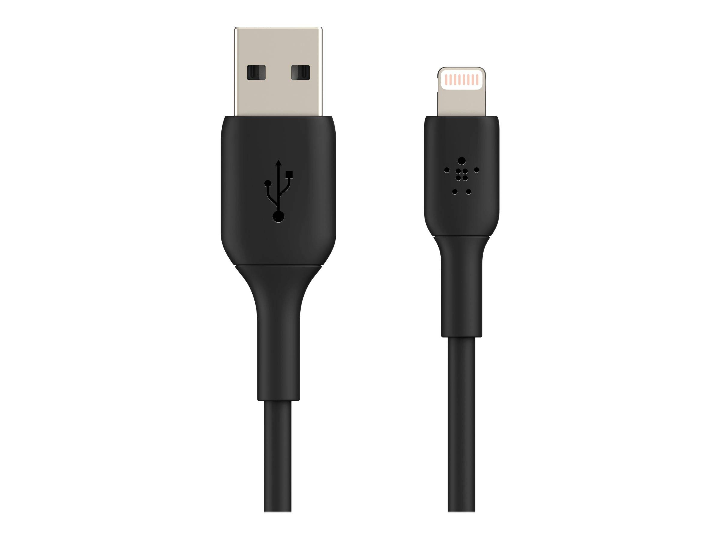 Schwarzes USB-A-auf-Lightning-Ladekabel mit Anschlüssen auf weißem Hintergrund.
