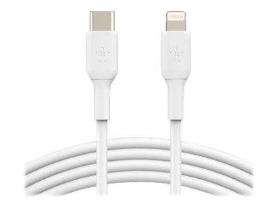 Weiß USB-C zu Lightning Ladekabel mit spiralförmigem Kabel auf weißem Hintergrund.
