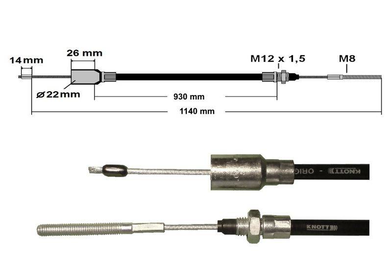 1 x Knott Bremsseil 33921-1.09 Hüllenlänge: 930 mm - Gesamtlänge: 1140 mm