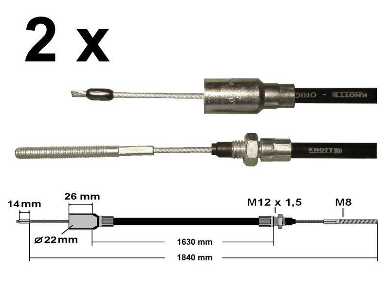 2 x Knott - Bremsseil 33921-1.18 Hüllenlänge: 1630 mm - Gesamtlänge: 1840 mm