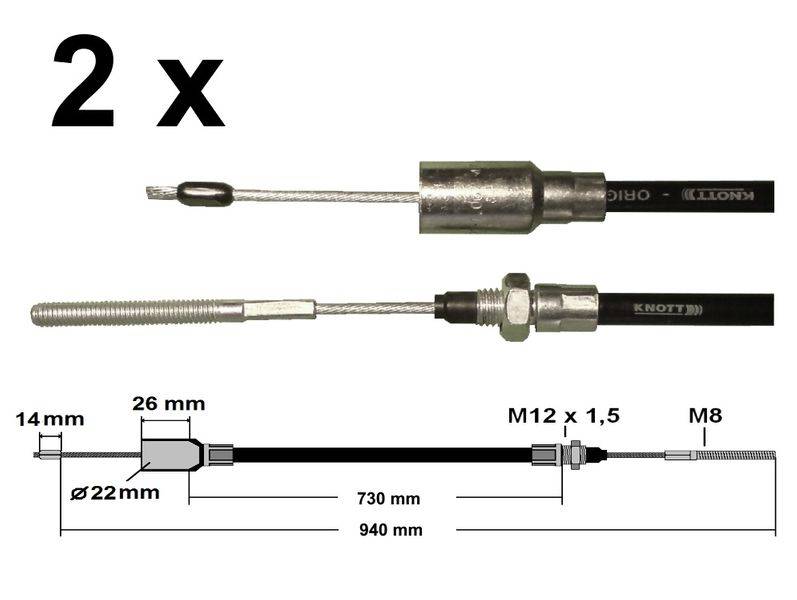 2 x Knott - Bremsseil 33921-1.06 Hüllenlänge: 730 mm - Gesamtlänge: 940 mm