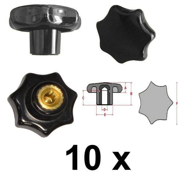 10 Stück Sterngriffmutter - M4 Ø 20 mm - DIN6336 K - Messinggewinde