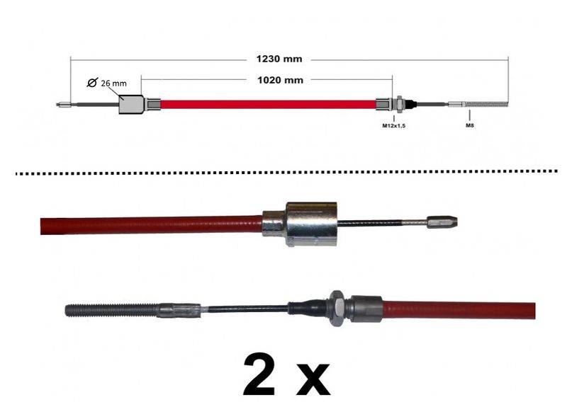 2 x ALKO - Bremsseil Longlife - HL: 1020mm - GL: 1230mm mit Gewinde, Pressnippel + Glocke