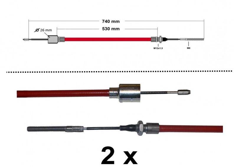 2 x ALKO - Bremsseil Longlife - HL: 530mm - GL: 740mm mit Gewinde, Pressnippel + Glocke