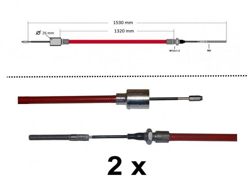 2 x ALKO - Bremsseil Longlife - HL: 1320mm - GL: 1530mm mit Gewinde, Pressnippel + Glocke