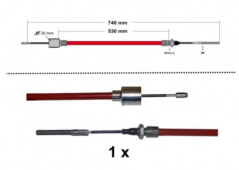1 x ALKO - Bremsseil Longlife - HL: 530mm - GL: 740mm mit Gewinde, Pressnippel + Glocke