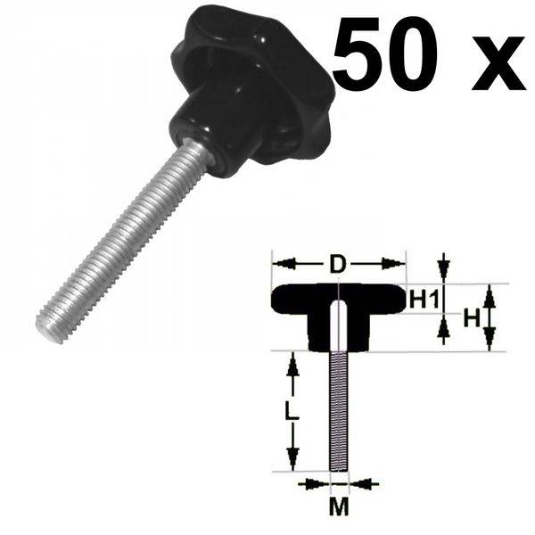 50 x Sterngriffschraube M5 x 30mm DIN6336 A schwarz Ø25