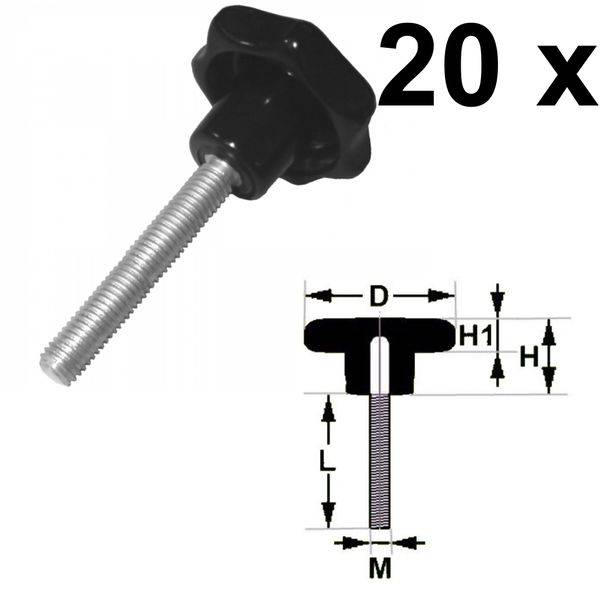 20 x Sterngriffschraube M5 x 60 mm DIN6336 A schwarz Ø 25