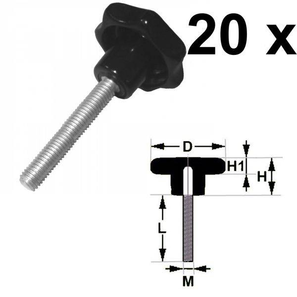 20 x Sterngriffschraube M6 x 30mm DIN6336 A schwarz Ø25