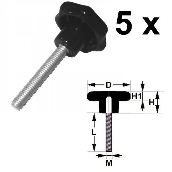 5 Stück - Sterngriffschraube M10 x 50mm DIN6336 A schwarz Ø50