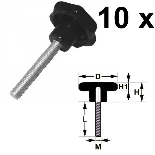 10 Stück - Sterngriffschraube M10 x 50mm DIN6336 A schwarz Ø50