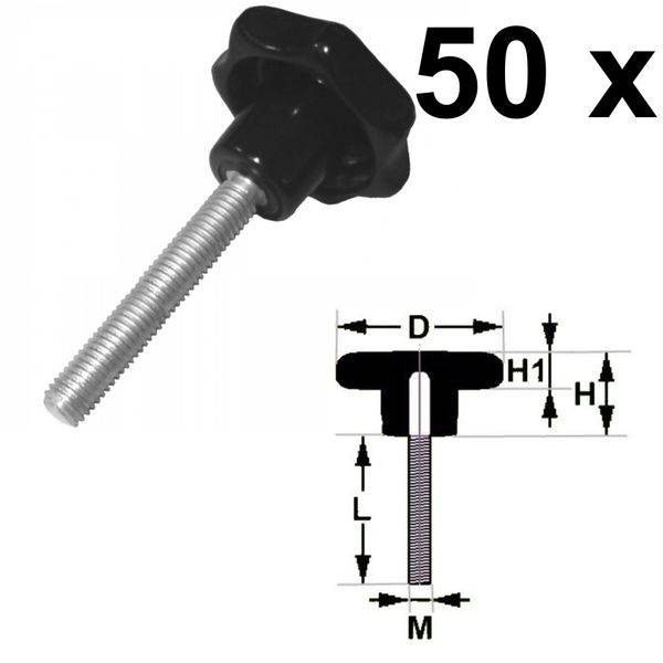 50 Stück - Sterngriffschraube M10 x 30mm DIN6336 A schwarz Ø40