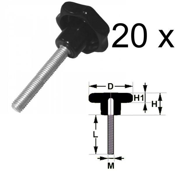 20 x Sterngriffschraube M4 x 30mm DIN6336 A schwarz Ø20