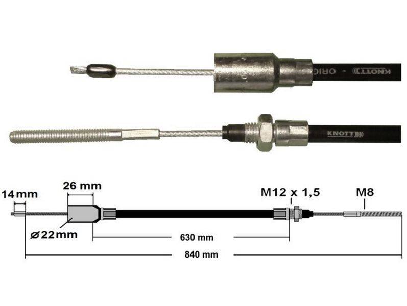 1 x Knott - Bremsseil 33921-1.03 Hüllenlänge: 630 mm - Gesamtlänge: 840 mm