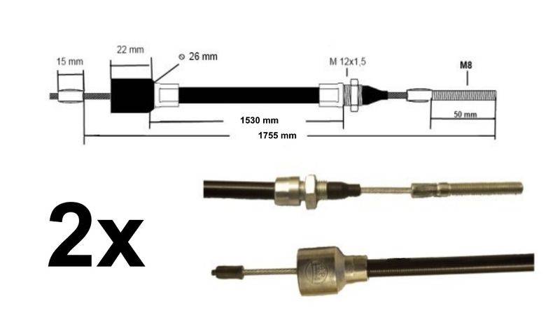 2 x BPW Bremsseil 05.089.33.87.0 Hüllenlänge:1530 mm - Gesamtlänge: 1755 mm