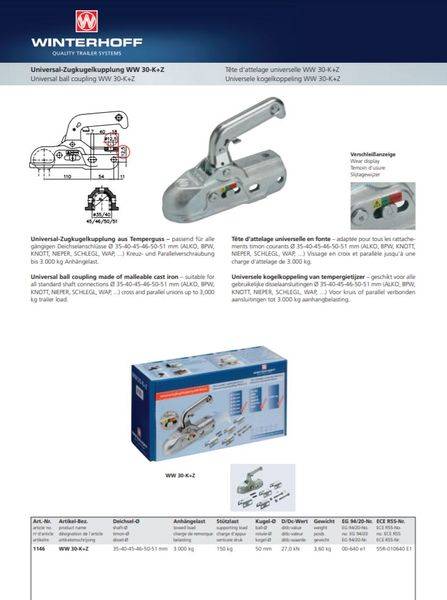 1 Stück - Winterhoff Kugelkupplung WW30-K+Z - 3000kg - Ø35/40/45/46/50/51 - Bohrung Ø12mm