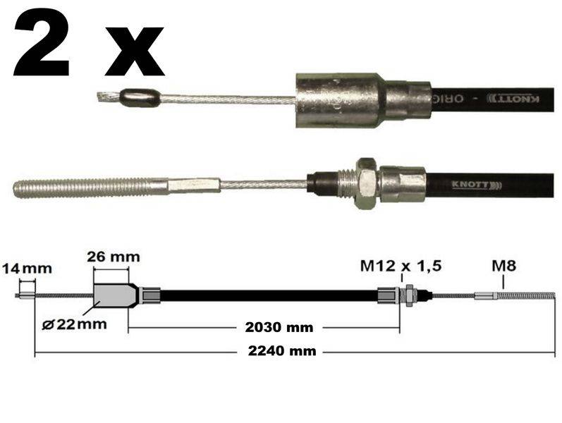 2 x Knott Bremsseil 33921-1.24 - Hüllenlänge 2030mm - Gesamtlänge 2240mm