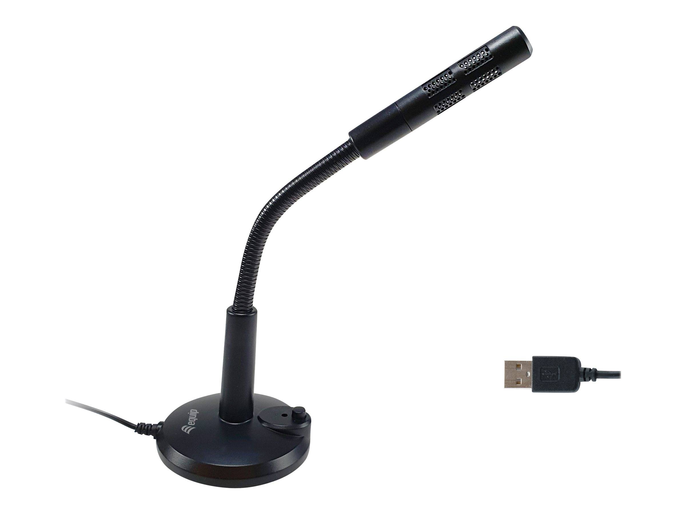 Schwarzes USB-Desktop-Schwanenhals-Mikrofon auf rundem Fuß, abgebildet mit seinem USB-Anschluss daneben.