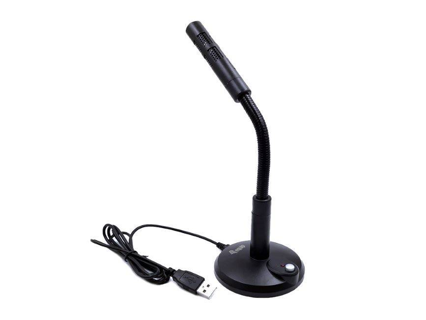 Schwarzes USB-Desktop-Schwanenhals-Mikrofon auf runder Basis mit spiralig gewickeltem Kabel.