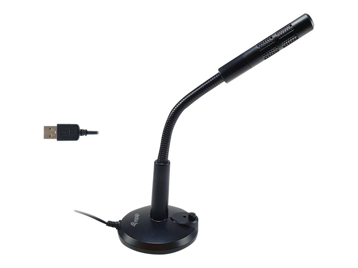 Schwarzes USB-Schwanenhals-Schreibtischmikrofon mit rundem Sockel und separatem USB-Stecker auf weißem Hintergrund.